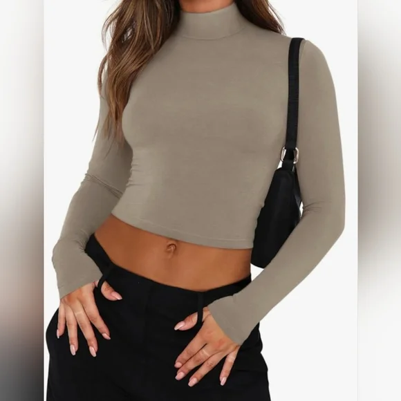 ReoRia Khaki Mock Turtleneck Women's 2XL Ribbed Tight T-shirt Crop Top L/S, NEW - Picture 1 of 9